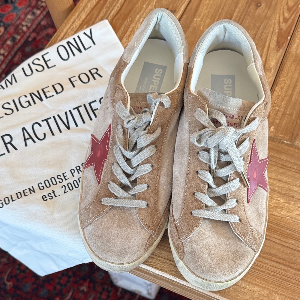 Golden Goose Beige Suede Sneakers with Pink Star Accent